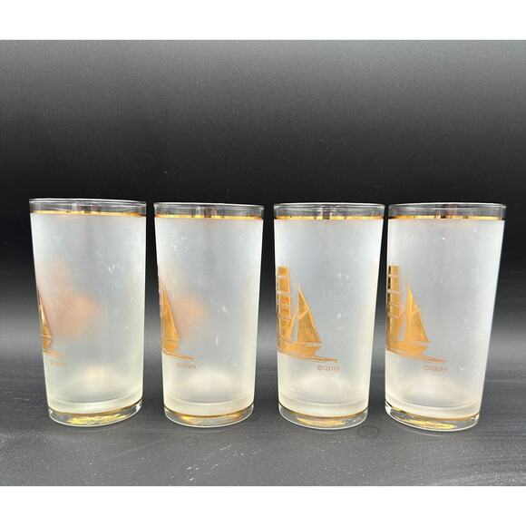 Vintage Culver Gold Clipper Ships Frosted Highball Glass Set of 4 - Picture 6 of 8